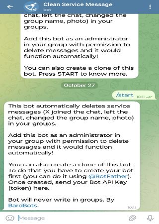 CleanServiceMessageBot bot step 2